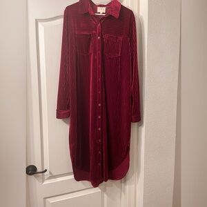 UMGEE- Velvet Button-Front Shirt Dress in Deep Burgundy